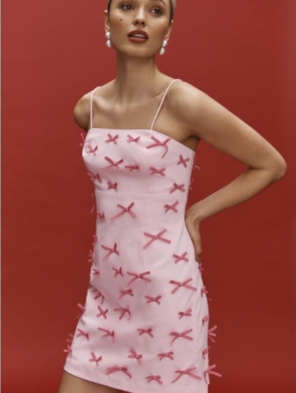 Anthropologie Maeve Pink Spaghetti-Strap Dress with pink 3D lined bows, Size  8